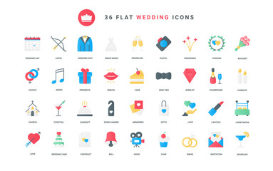 Fototapeta na wymiar Love, passion and hearts symbols of marriage, rings with diamond gift, wedding cake and champagne, dress of bride and groom, bouquet decoration. Wedding trendy flat icons set vector illustration