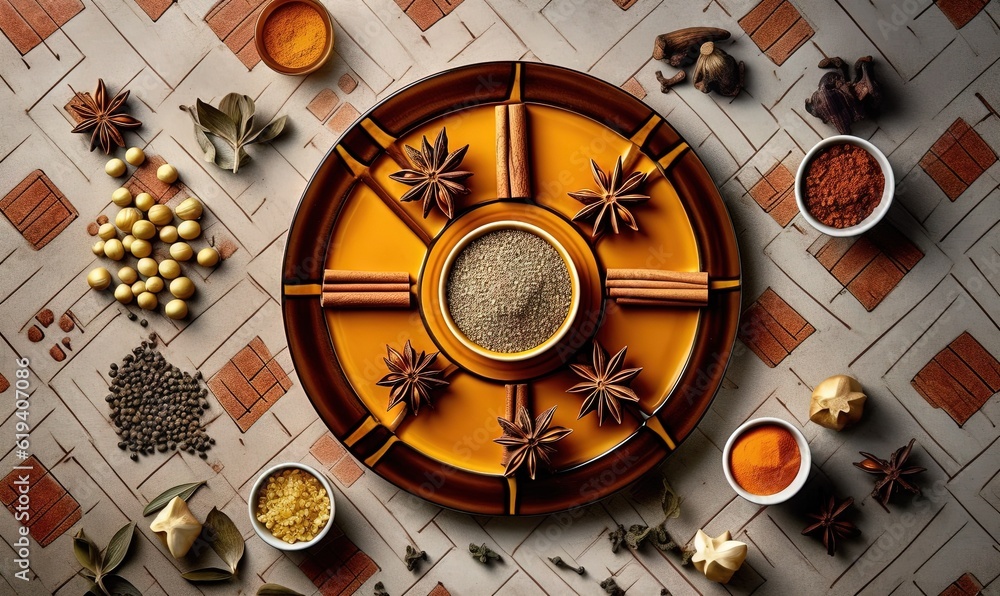 Poster a plate with spices and spices on a tiled table top. generative ai