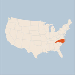 Vector map of the state of North Carolina highlighted highlighted in pastel orange on a beige map of United States of America.