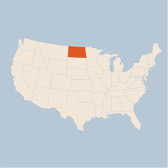 Vector map of the state of North Dakota highlighted highlighted in pastel orange on a beige map of United States of America.