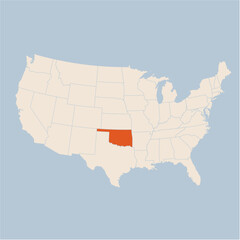 Fototapeta na wymiar Vector map of the state of Oklahoma highlighted highlighted in pastel orange on a beige map of United States of America.