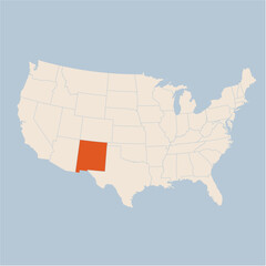 Vector map of the state of New Mexico highlighted highlighted in pastel orange on a beige map of United States of America.