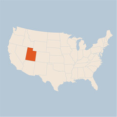 Vector map of the state of Utah highlighted highlighted in pastel orange on a beige map of United States of America.