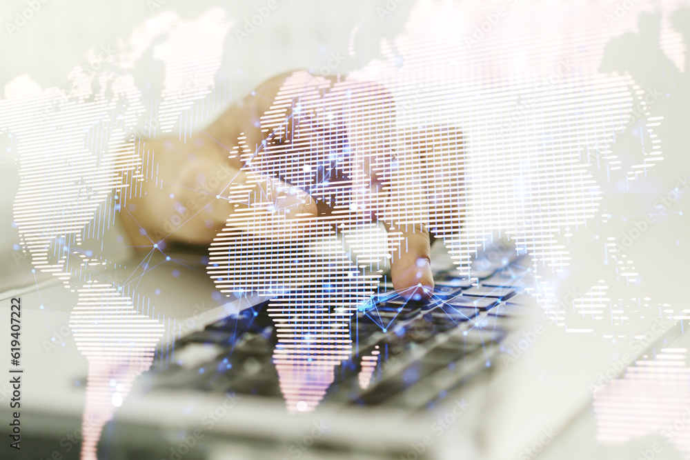 Poster double exposure of abstract digital world map and hand typing on laptop on background, big data and 