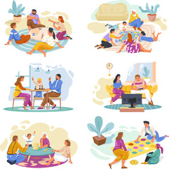 Family home games. Children playing board game with parents, mother children and dad play in card poker dice or chess on tea table, fun kid video gaming, recent vector illustration