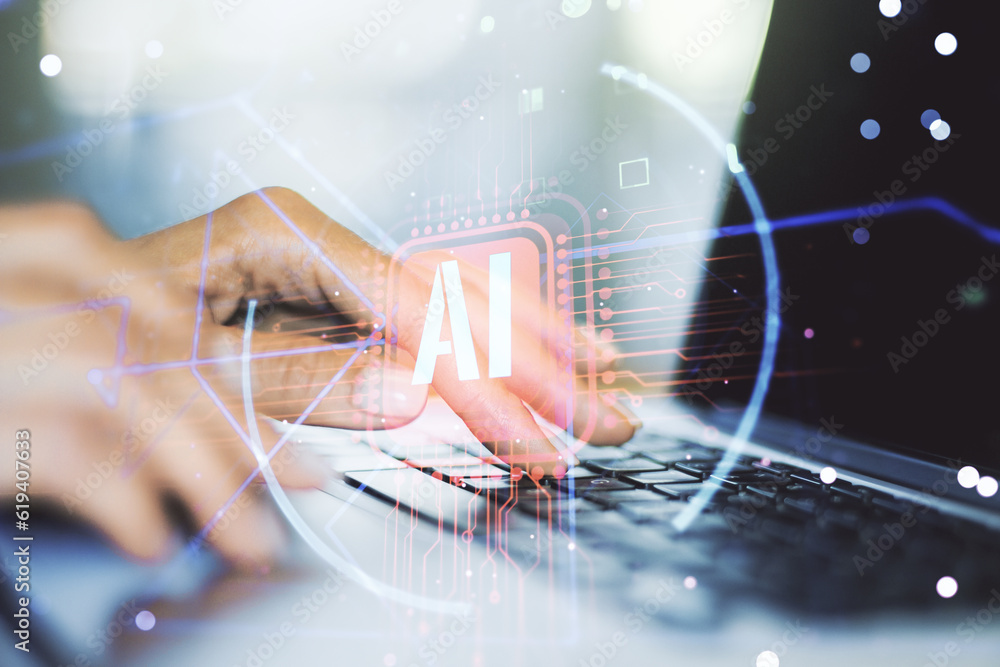 Poster double exposure of creative artificial intelligence abbreviation with hand typing on computer keyboa