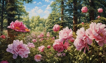 Fototapeta premium a painting of pink flowers in a forest with a blue sky. generative ai