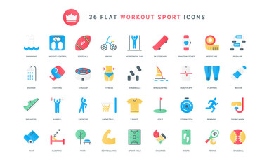Gym equipment for fitness exercises and yoga, shoes for running of athlete, health mobile app and scales to measure and control weight. Sports workout trendy flat icons set vector illustration