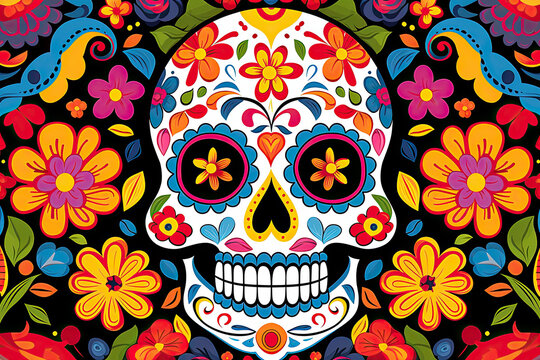 Day of the Dead skulls pattern. Dia de los muertos print. Day of the dead and mexican Halloween texture. Mexican tradition festival