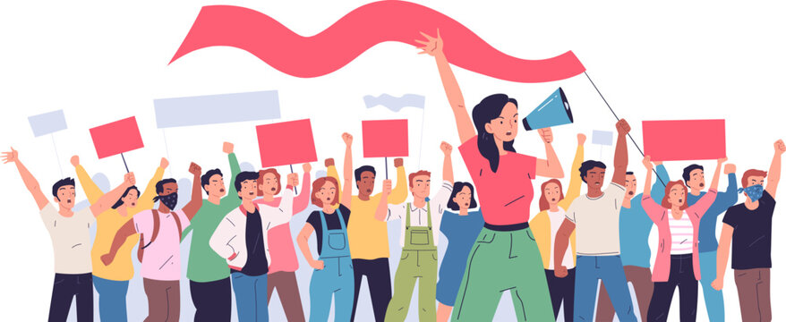 Protesters rally. Crowd protest people with banner megaphone on citizen strike or justice revolution angry woman protester street riot political activism classy vector illustration