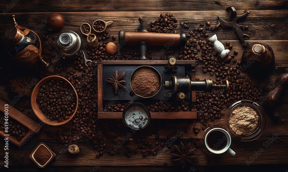 Poster a wooden table topped with lots of different types of coffee. generative ai