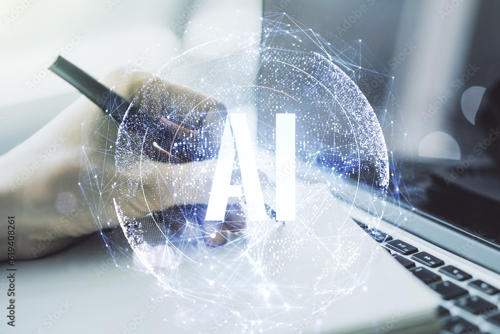Poster creative artificial intelligence symbol concept with hand writing in diary on background with laptop