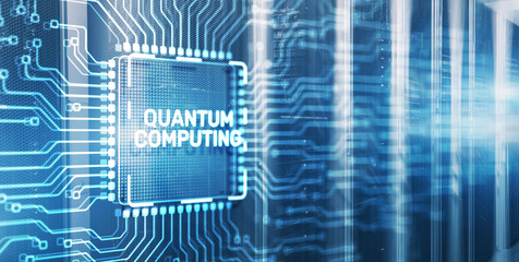 Quantum computing concept. The inscription on 3d Electronic Circuit Board Chip