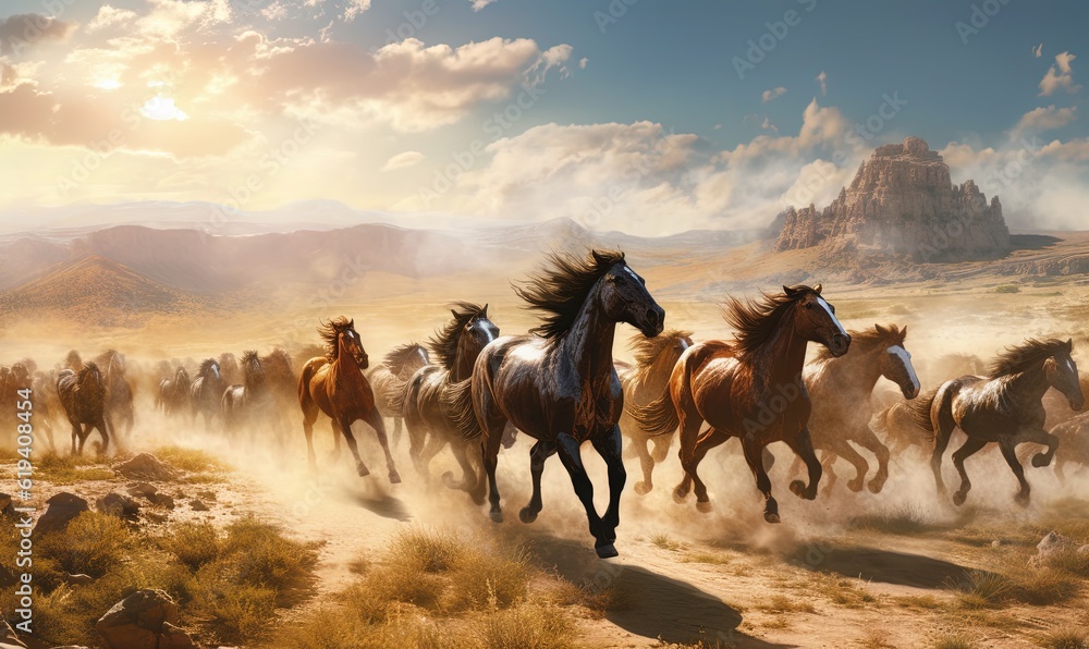 Poster a herd of horses running across a desert field with mountains in the background. generative ai