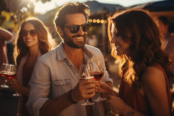 Vineyard Celebration: A Happy Group of Friends Embraces the Joy of Wine Tasting, Marking Moments of Friendship, Toasts, Celebration, and Engagement in a Picturesque Vineyard.


