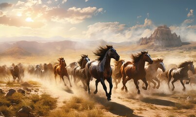  a herd of horses running across a desert field with mountains in the background.  generative ai - obrazy, fototapety, plakaty