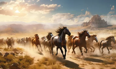Fotobehang  a herd of horses running across a desert field with mountains in the background.  generative ai © Olga