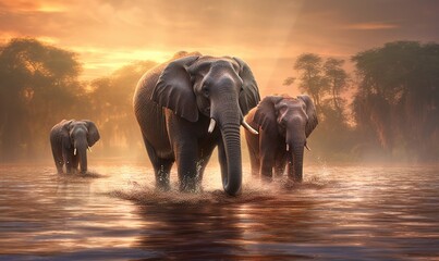 Naklejka na ściany i meble a group of elephants walking through a river at sunset or dawn. generative ai