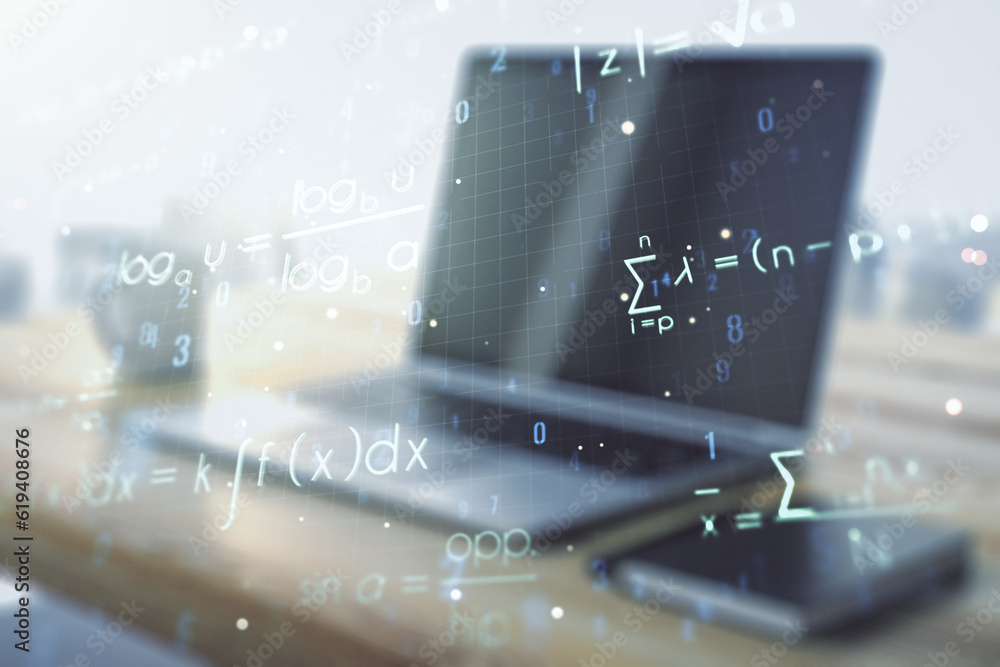 Poster creative scientific formula concept and modern desktop with computer on background. multiexposure