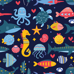 Pattern on a marine theme with shell, seaweed, seahorse, puffer fish, jellyfish, octopus.