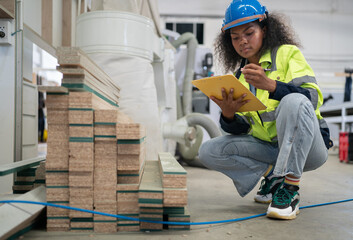 Portrait, female multiracial carpenter working in carpenter's shop small business. Afro hair woman...