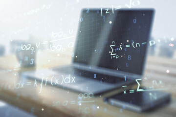 Creative scientific formula concept and modern desktop with computer on background. Multiexposure