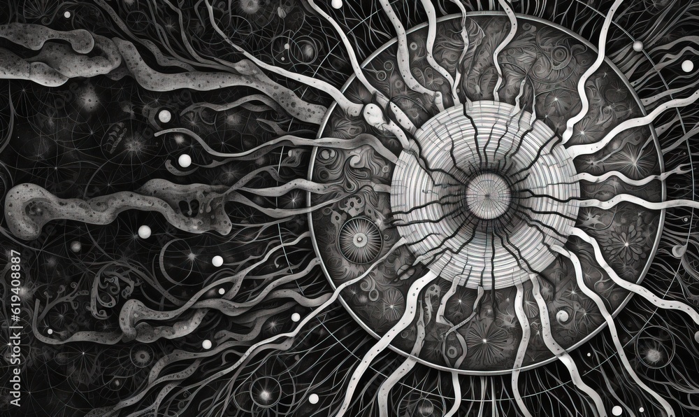 Poster a black and white drawing of a circular object with many lines. generative ai