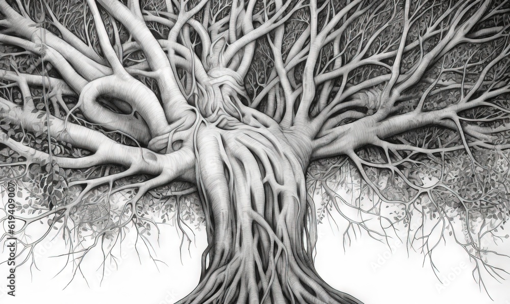 Poster a drawing of a tree with many branches and a woman's face. generative ai