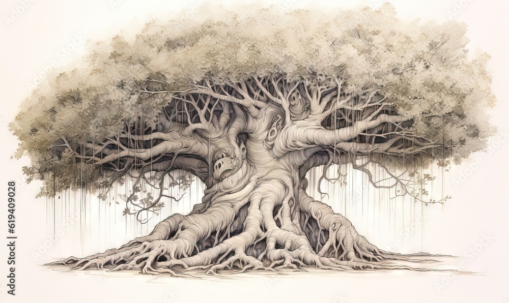Poster a drawing of a large tree with its roots spread out. generative ai
