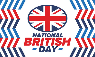 National British Day. Happy holiday, celebrated annual. Great Britain flag. British fame and glory. United Kingdom patriotic elements. Festival and parade design. Vector poster illustration