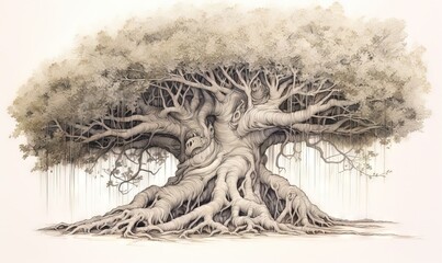  a drawing of a large tree with its roots spread out.  generative ai