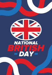 Obraz premium National British Day. Happy holiday, celebrated annual. Great Britain flag. British fame and glory. United Kingdom patriotic elements. Festival and parade design. Vector poster illustration