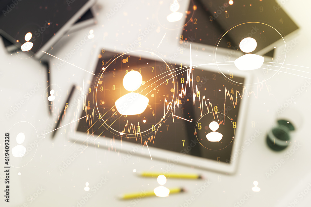 Poster double exposure of social network icons concept and modern digital tablet on background. networking 