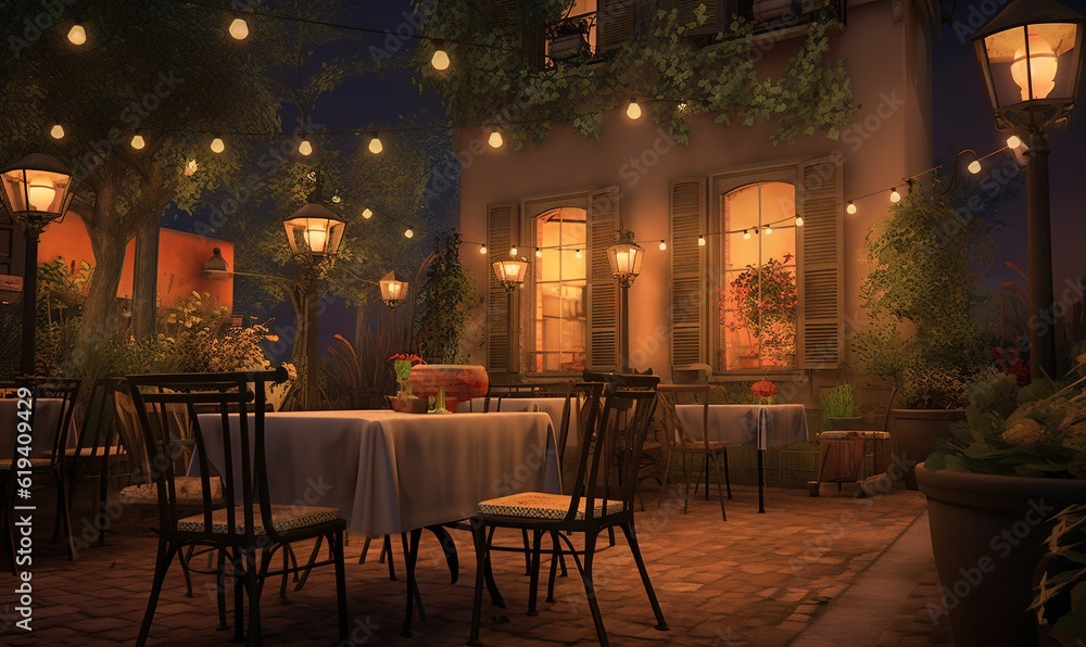 Poster a restaurant with tables and chairs and lights on the windows. generative ai