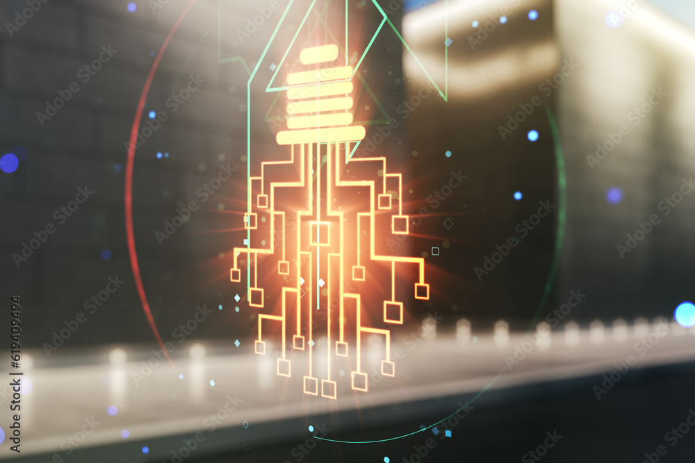 Poster virtual creative idea concept with light bulb and microcircuit illustration on blurry modern office 