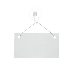 Paper card hanging under suction cup on transparent background