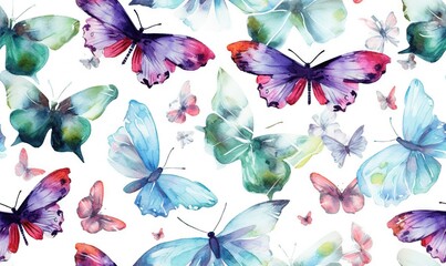  a watercolor painting of many different butterflies on a white background. generative ai