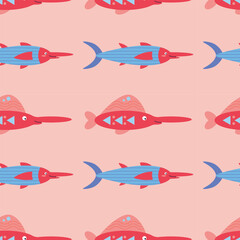 Pattern on a marine theme with fish, seaweed, ornament.