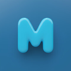 3D Blue uppercase letter M with a glossy surface on a blue background .
