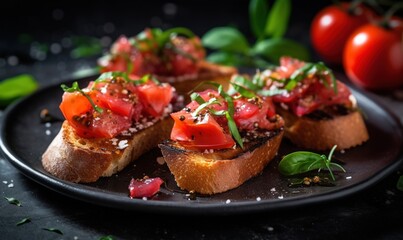  a black plate topped with slices of bread covered in toppings.  generative ai