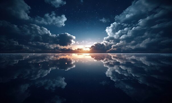  a large body of water with clouds in the sky above it.  generative ai