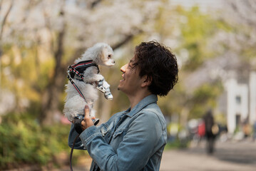 公園でペットの愛犬を抱き上げる男性