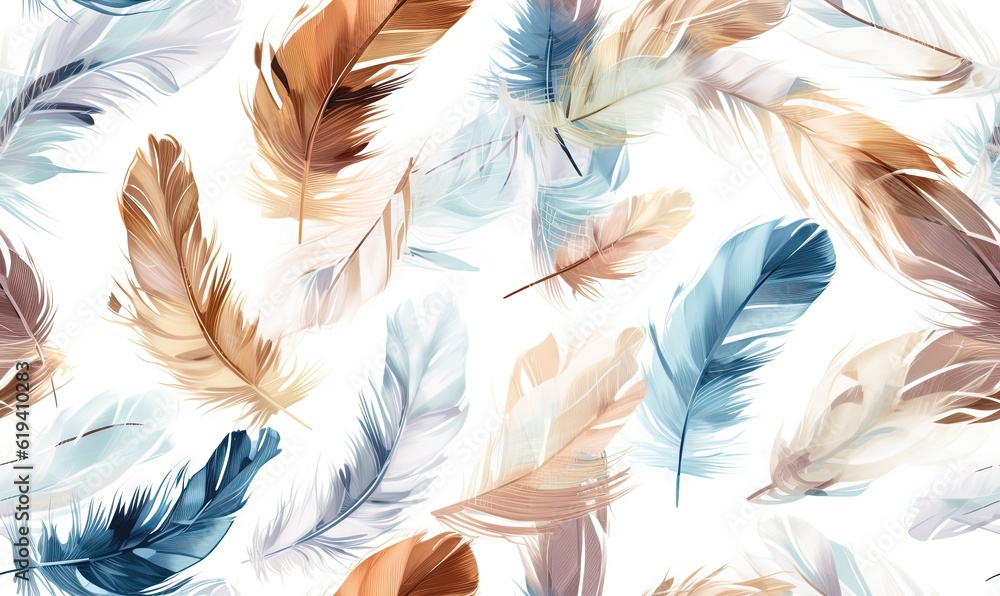 Poster a bunch of feathers that are on a white surface with a white background. generative ai