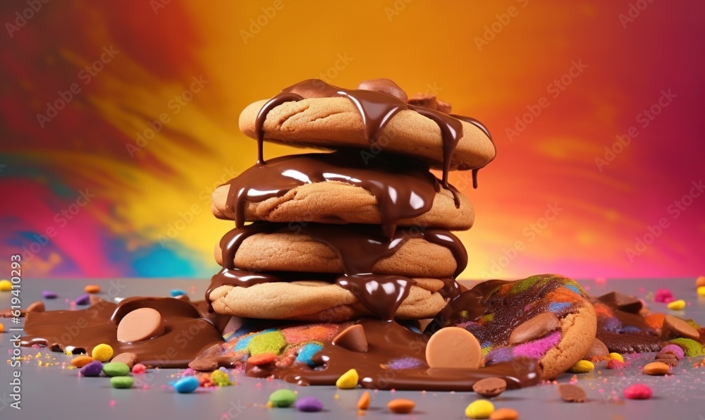 Poster a stack of cookies with chocolate frosting and sprinkles. generative ai