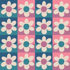 Aesthetic Contemporary printable retro groovy flowers seamless pattern. Decorative Hippie Naive 60's, 70's style Vintage boho background in minimalist style for fabric, wallpaper or wrapping