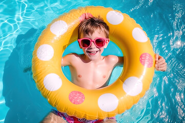 overjoyed laughing smiling exited child in swimming pool floating on swimming ring, Little girl having fun on family summer vacation in tropical hotel resort, tourism, generative ai.