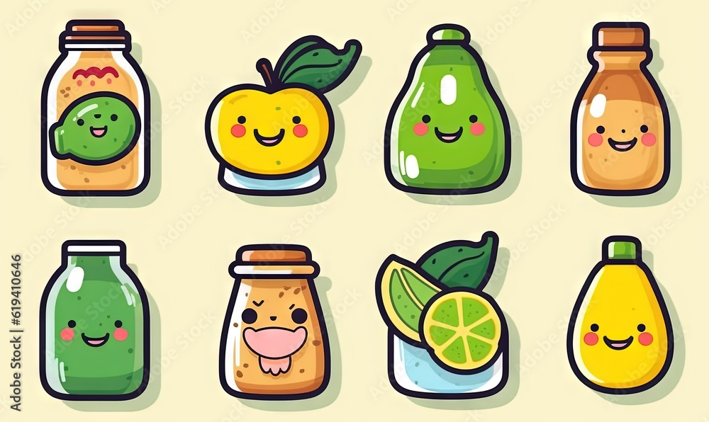 Poster a bunch of bottles that have different types of fruit in them. generative ai