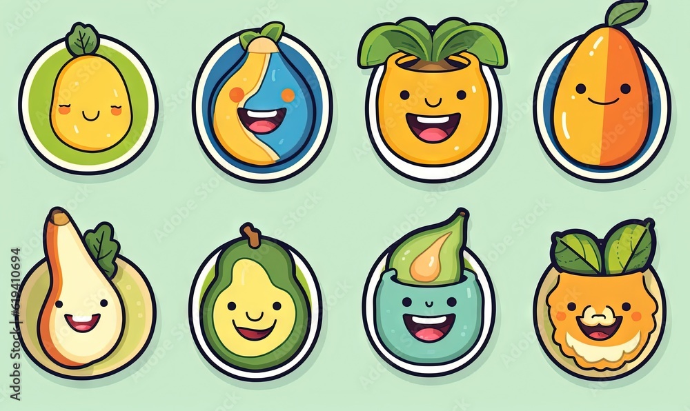 Aufkleber a bunch of fruit with faces drawn on them in different colors. generative ai