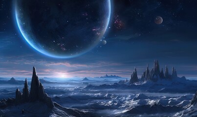 Naklejka premium an alien landscape with a distant planet in the distance and a distant star in the sky. generative ai