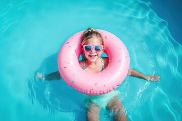 overjoyed laughing smiling exited child in swimming pool floating on swimming ring, Little girl having fun on family summer vacation in tropical hotel resort, tourism, generative ai.
